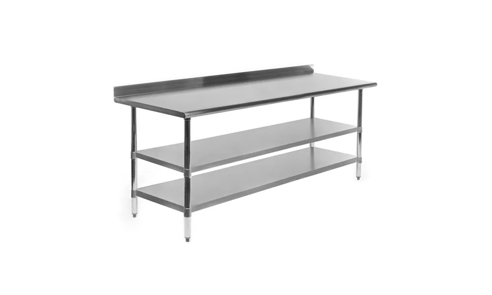 14" X 60" Stainless Steel Work Table with 1.5" Backsplash and 2 Shelves | Metal Kitchen Food Prep Table | NSF