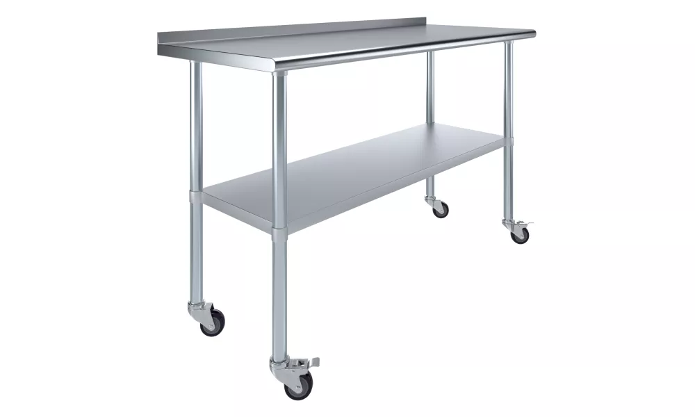 24" X 60" Stainless Steel Work Table with 1.5" Backsplash and Casters | Metal Kitchen Food Prep Table | NSF