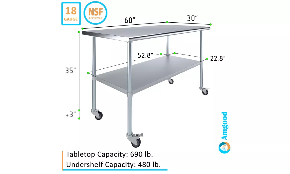 18 X 60 Stainless Steel Work Table with Under-Shelf & 4 Wheels | NSF  Certified | Laundry Garage Utility Bench | Food Prep Worktable