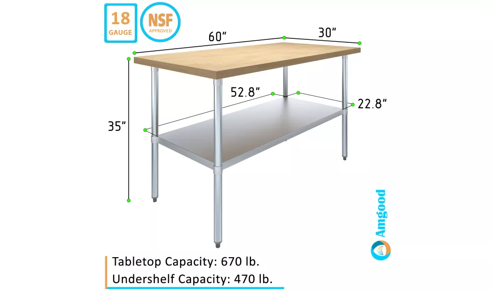 US Maple Top Work Table - 30 x 60 x 35 Inch Commercial Butcher Block Wooden  Workbench with Open Base Stabilizing Leg Cross Braces - Fits Restaurant