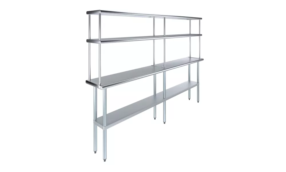 14" x 96" Stainless Steel Work Table with 12" Wide Double Tier Overshelf | Metal Kitchen Prep Table & Shelving Combo