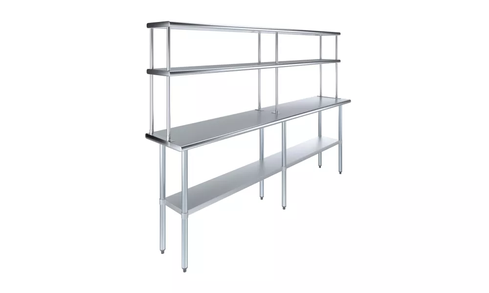18" x 96" Stainless Steel Work Table with 12" Wide Double Tier Overshelf | Metal Kitchen Prep Table & Shelving Combo
