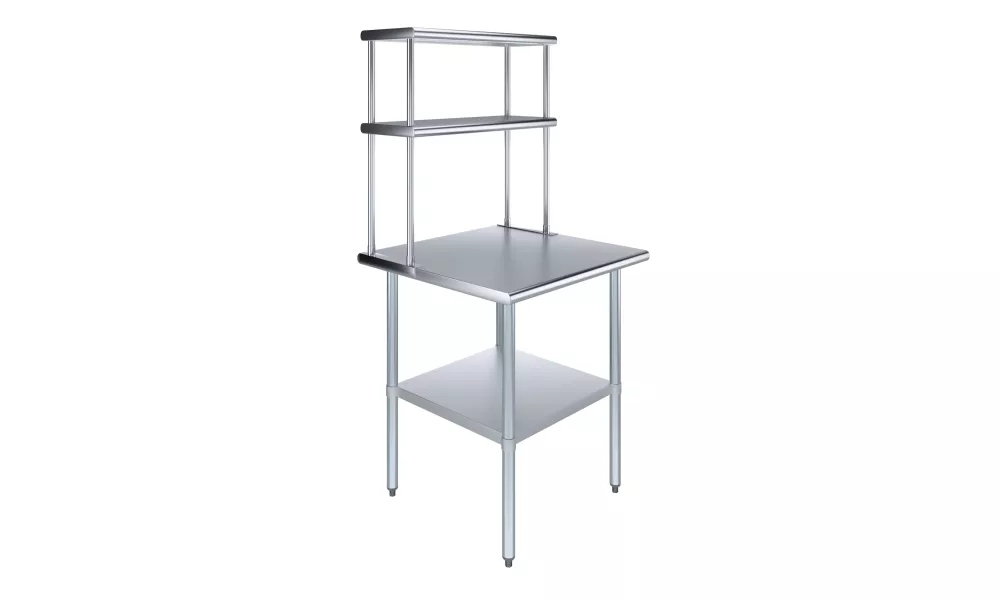 30" x 30" Stainless Steel Work Table with 12" Wide Double Tier Overshelf | Metal Kitchen Prep Table & Shelving Combo