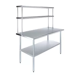 30" x 60" Stainless Steel Work Table with 12" Wide Double Tier Overshelf | Metal Kitchen Prep Table & Shelving Combo