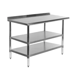 14" X 48" Stainless Steel Work Table with 1.5" Backsplash and 2 Shelves | Metal Kitchen Food Prep Table | NSF